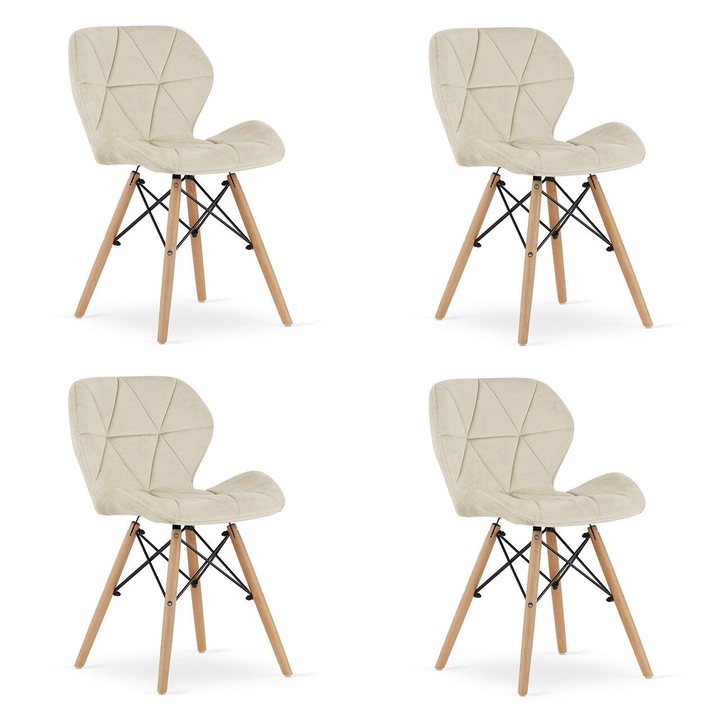 Set 4 scaune stil scandinav, Artool, Lago, catifea bej, picioare lemn natur, 47x52x74 cm