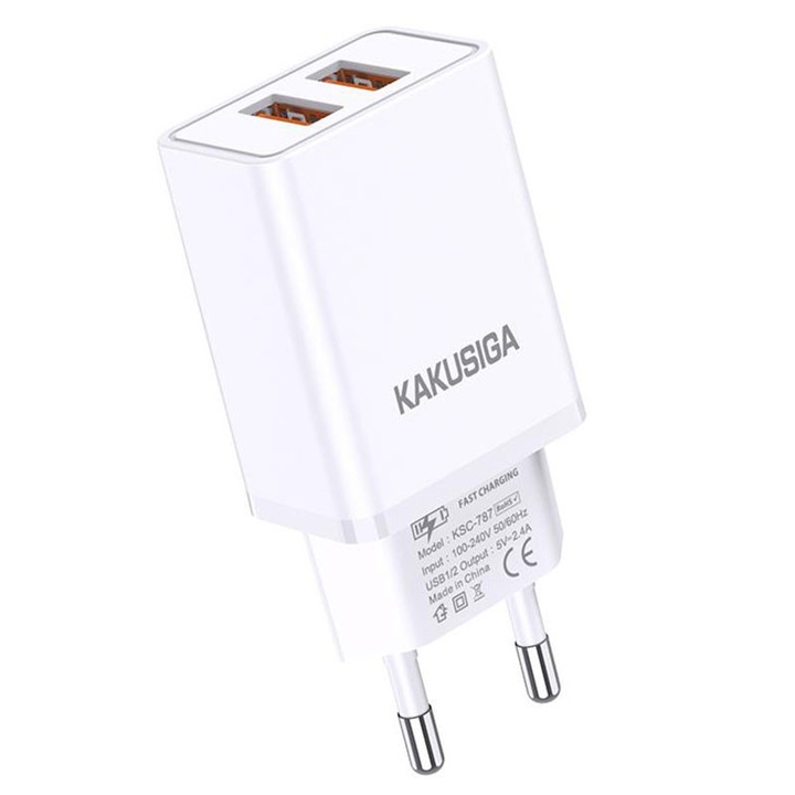 Adaptor Priza cu 2 x USB, KSC-787, Incarcare rapida, Putere 18W, Alb