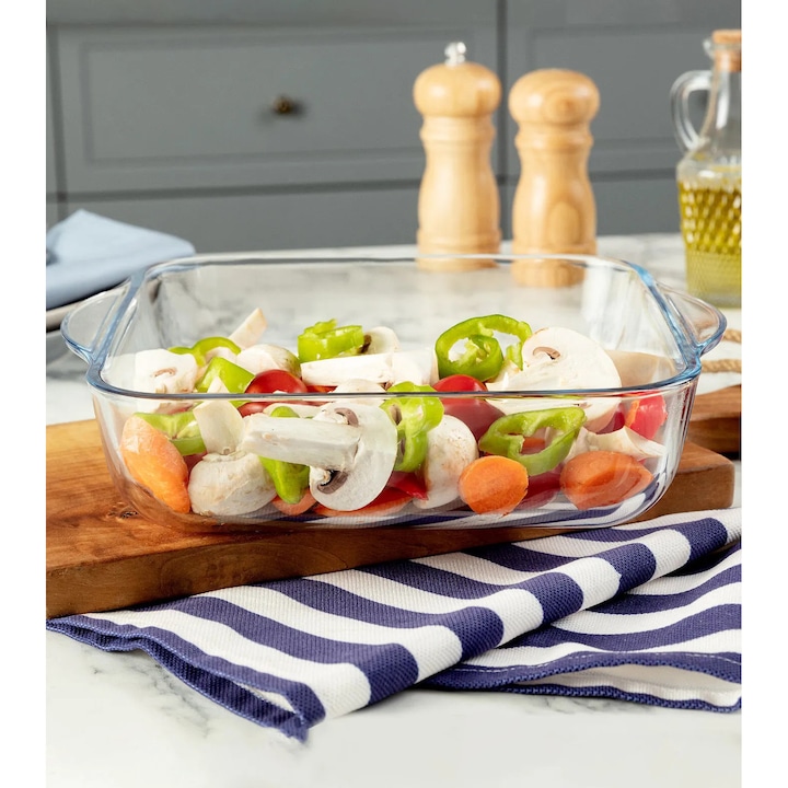 Tava de copt din sticla borosilicata Savona, 1720 ml, 22x22x6cm, cu gratar, Madame Coco