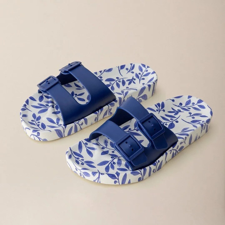 Papuci dama Madame Coco, alb albastru, PVC