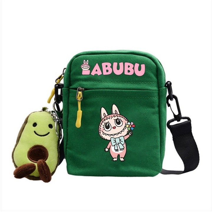 Чанта за през рамо Labubu Crossbody, платнена, зелена, Bag-5