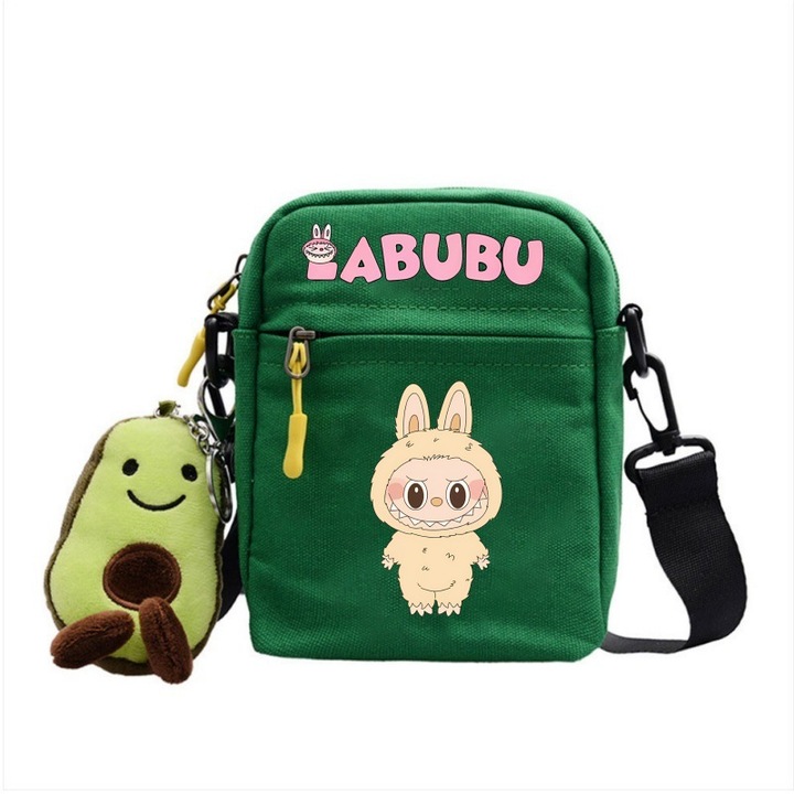 Чанта за през рамо Labubu, платнена, зелена, Bag-4