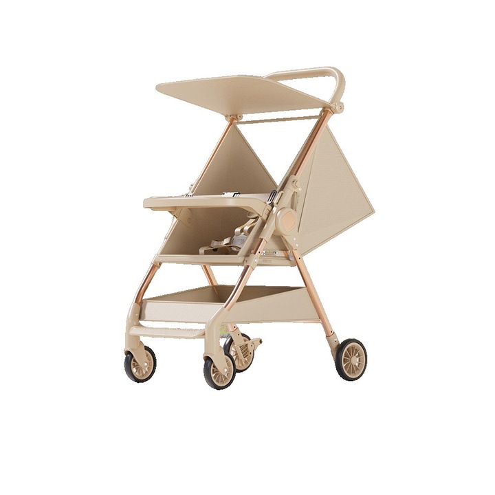 Carucior Bebelusi compatibil cu Calatoriile cu Avionul, Comando Kids, Tavita pentru Masa si Pahar, Spatiu de Depozitare, Centura, Parasolar Anti UV, Configurare pozitie de Somn, Pliabil, Reversibil, Blocare Roti, Cadru rezistent, Usor si Compact, Bej