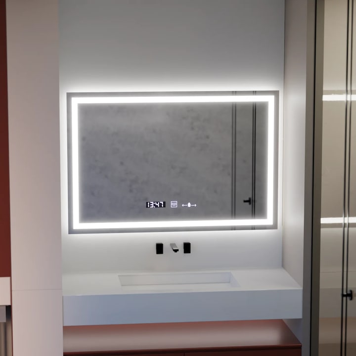 Oglinda LED Rectangulara Vérité MotionGlow Marcello 52 W, 120*80, IP44, Lumina dimabila, Senzor MotionGlow, Dezaburire, Ceas si Termometru