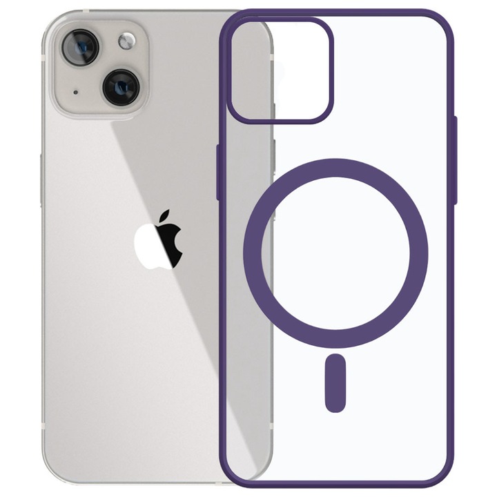 Husa tip MagSafe pentru Apple iPhone 13, Magnetic Defense Pro, Spate dur din policarbonat transparent, Cadru de poliuretan, Compatibila cu incarcare wireless, Protectie antisoc, Regular Fit, Mov inchis