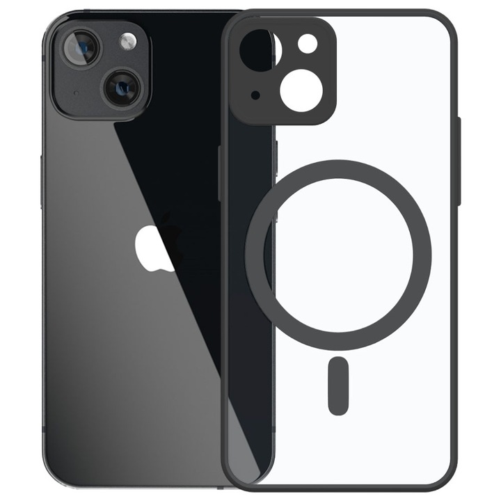 Husa tip MagSafe pentru Apple iPhone 13, Magnetic Defense Pro, Spate dur din policarbonat transparent, Cadru de poliuretan, Compatibila cu incarcare wireless, Protectie antisoc, Regular Fit, Negru