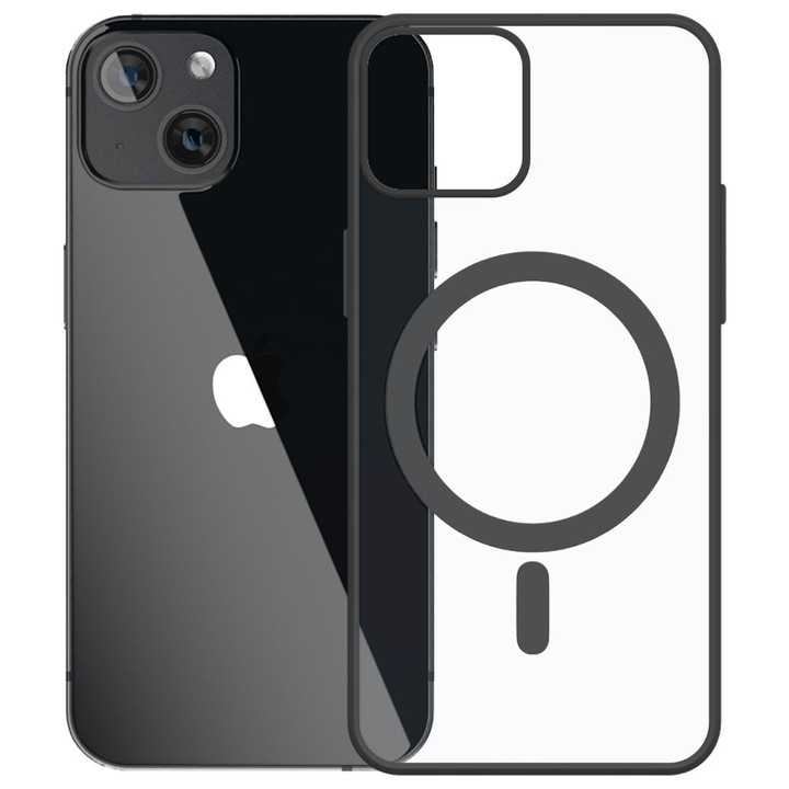 Husa tip MagSafe pentru Apple iPhone 13, Magnetic Defense Pro, Spate dur din policarbonat transparent, Cadru de poliuretan, Compatibila cu incarcare wireless, Protectie antisoc, Regular Fit, Negru carbon