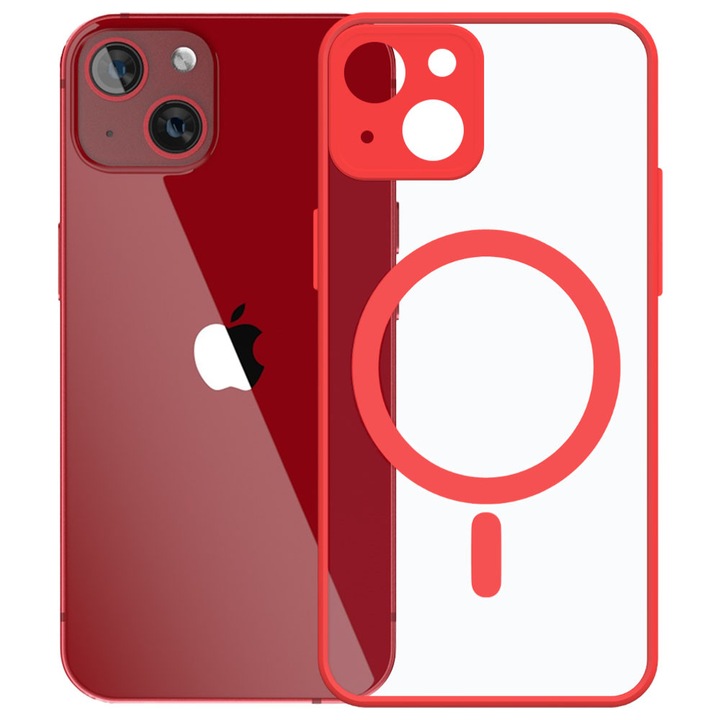 Husa tip MagSafe pentru Apple iPhone 13, Magnetic Defense Pro, Spate dur din policarbonat transparent, Cadru de poliuretan, Compatibila cu incarcare wireless, Protectie antisoc, Regular Fit, Rosu