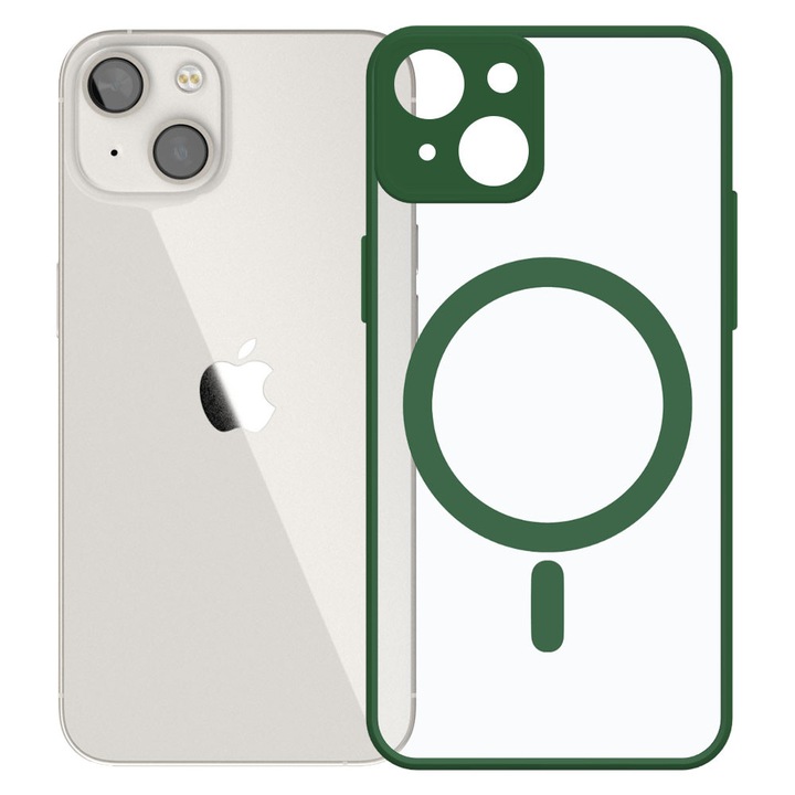 Husa tip MagSafe pentru Apple iPhone 14, Magnetic Defense Pro, Spate dur din policarbonat transparent, Cadru de poliuretan, Compatibila cu incarcare wireless, Protectie antisoc, Regular Fit, Verde inchis