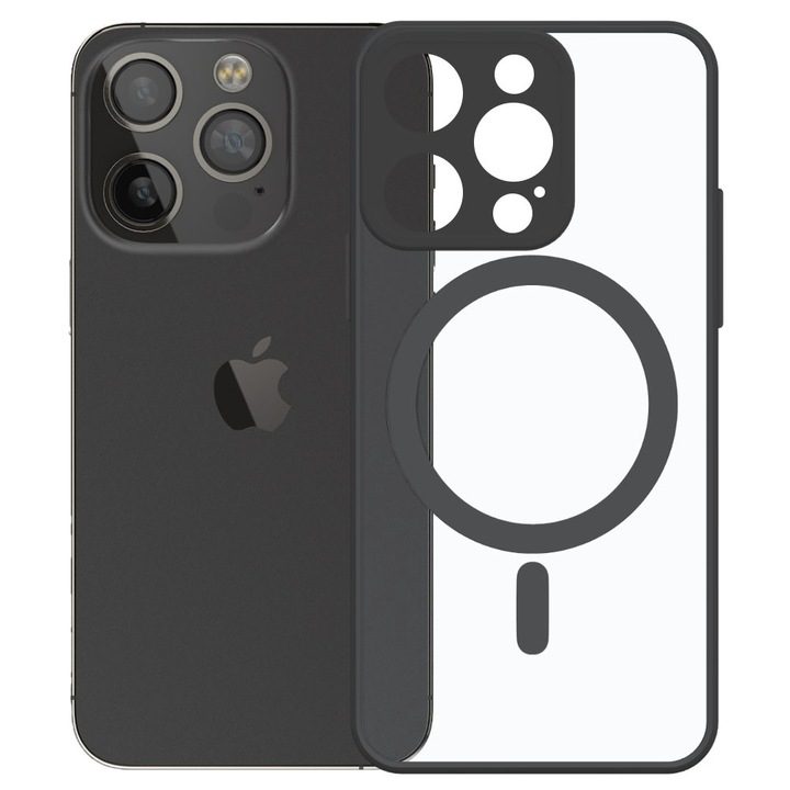 Husa tip MagSafe pentru Apple iPhone 14 Pro, Magnetic Defense Pro, Spate dur din policarbonat transparent, Cadru de poliuretan, Compatibila cu incarcare wireless, Protectie antisoc, Regular Fit, Negru