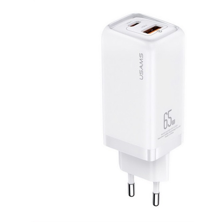 Usams t47 hálózati töltő usb+type-c aljzat, 65w, pd gyorstöltő 3.0, fehér