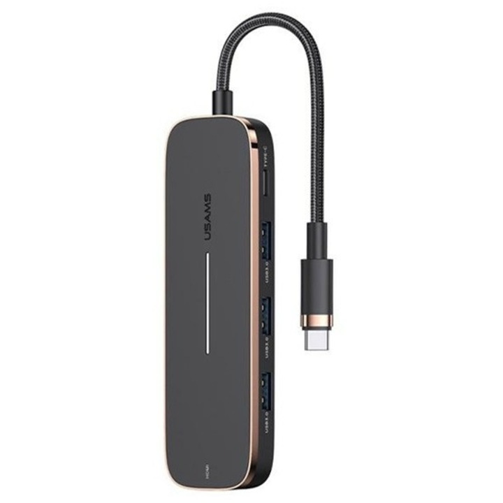 Usams hub 5in1, aktív, 3 usb type-c, hdmi, pd gyorstöltő, type-c kábel, fekete