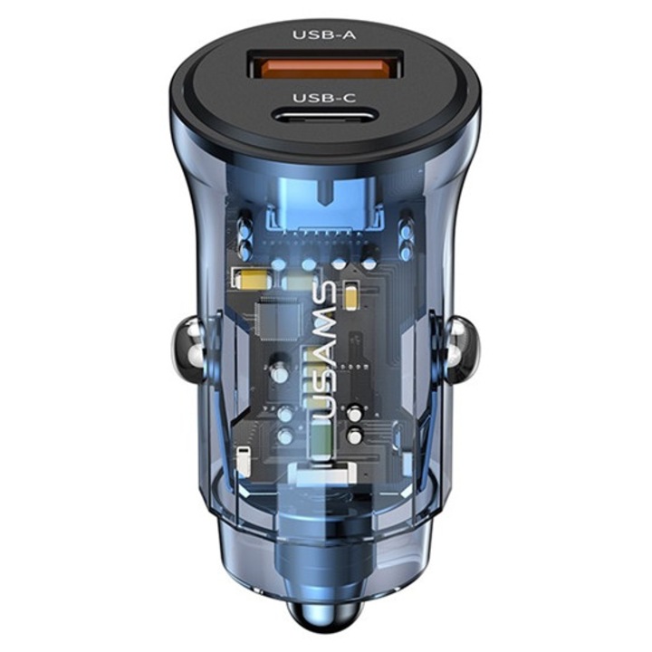 Usams c32 autós töltő usb+type-c aljzat, 30w, pd gyorstöltő, sötétkék