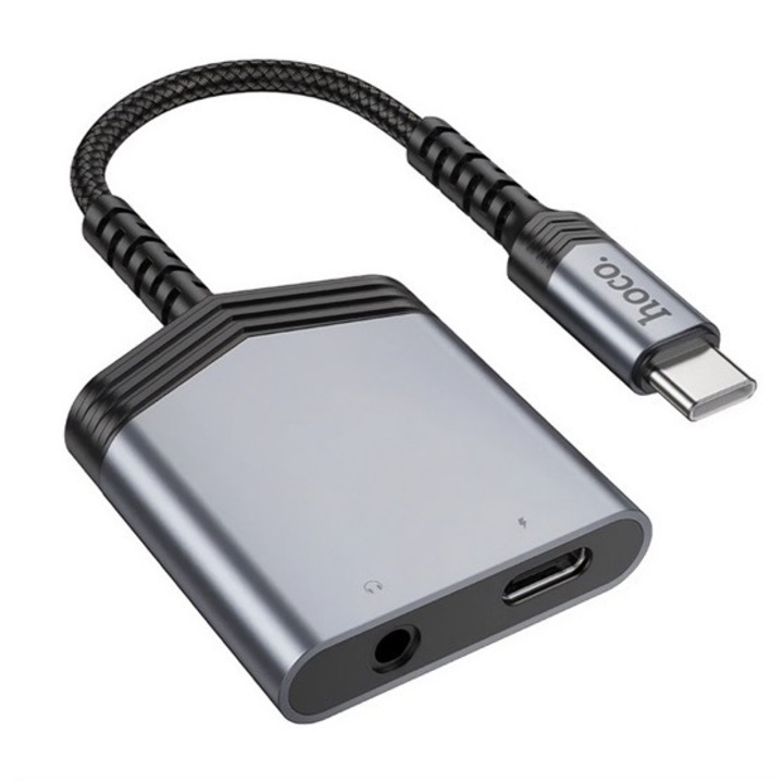 Hoco ls39 audió adapter és töltőkábel, elosztó, type-c+3.5mm jack aljzat - type-c, 27w, 15cm, világosszürke