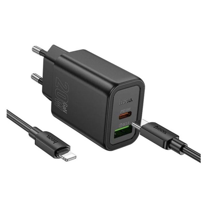 Hoco n61 hálózati töltő usb+type-c aljzat, 20w, pd gyorstöltő 3.0 + lightning kábel, fekete