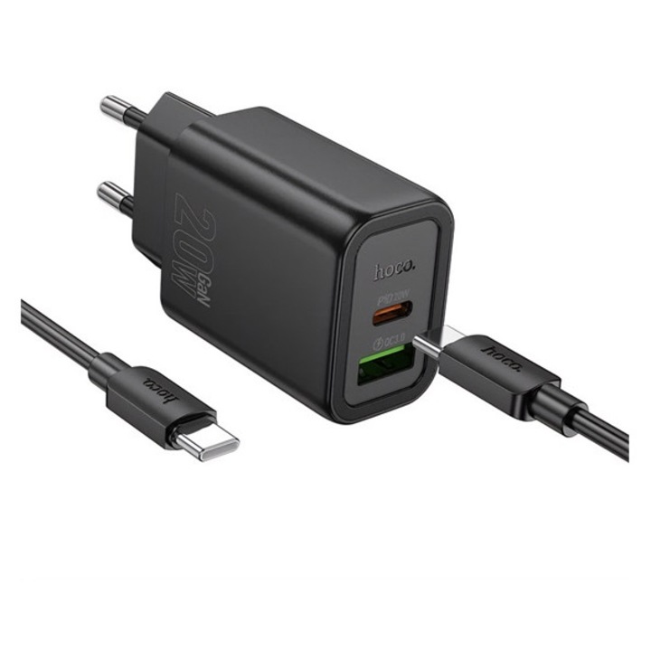Hoco n61 hálózati töltő usb+type-c aljzat, 20w, pd gyorstöltő 3.0 + type-c kábel, fekete