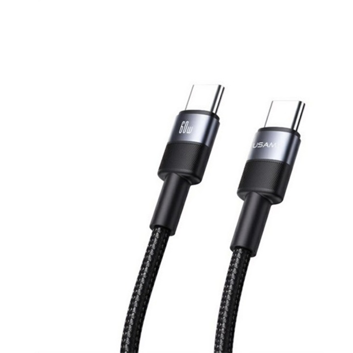 Usams sy adatkábel, type-c - type-c, 60w, pd gyorstöltő, 120cm, cipőfűző, fekete