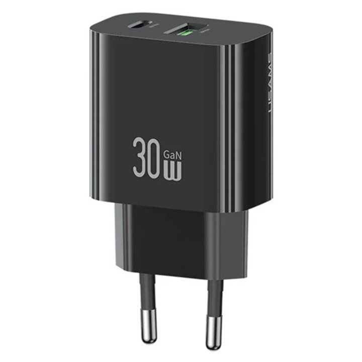 Usams t65 hálózati töltő usb+type-c aljzat, 30w, pd gyorstöltő, fekete