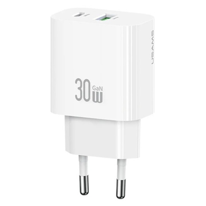 Usams t65 hálózati töltő usb+type-c aljzat, 30w, pd gyorstöltő, fehér