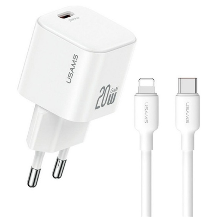 Usams jo hálózati töltő type-c aljzat, 20w, pd gyorstöltő + lightning kábel, fehér