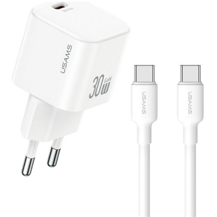 Usams jo hálózati töltő type-c aljzat, 30w, pd gyorstöltő + type-c kábel, fehér