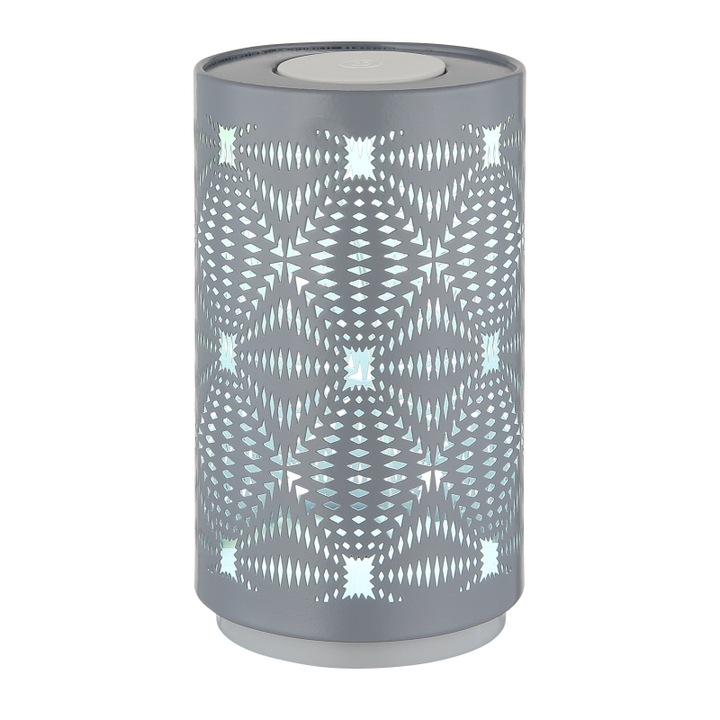 Lampa de masa plastic alb mat, metal gri stante decorative, touch on/off, comutator in trepte, schimbator de culori RGB, excl. adaptor, incl. USB-C/USB-C, se aprinde si in timpul incarcarii, ø 80mm, H:140mm, incl. LED 1W 230V, sursa 40lm, iesire 15lm