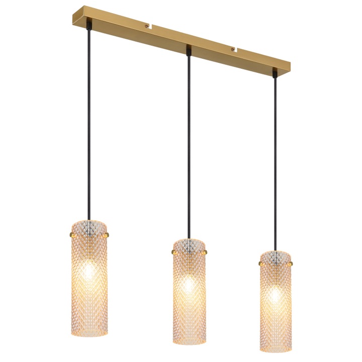 Висяща лампа GLOBO метал златен, кехлибарено стъкло, черен текстилен кабел, размери 65x8x120см