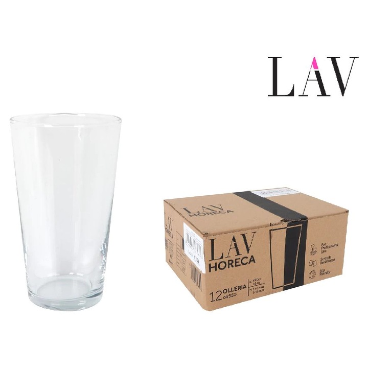 Set 12 pahare LAV HORECA conice 470ml, sticlă securizată, perfect pentru baruri și restaurante