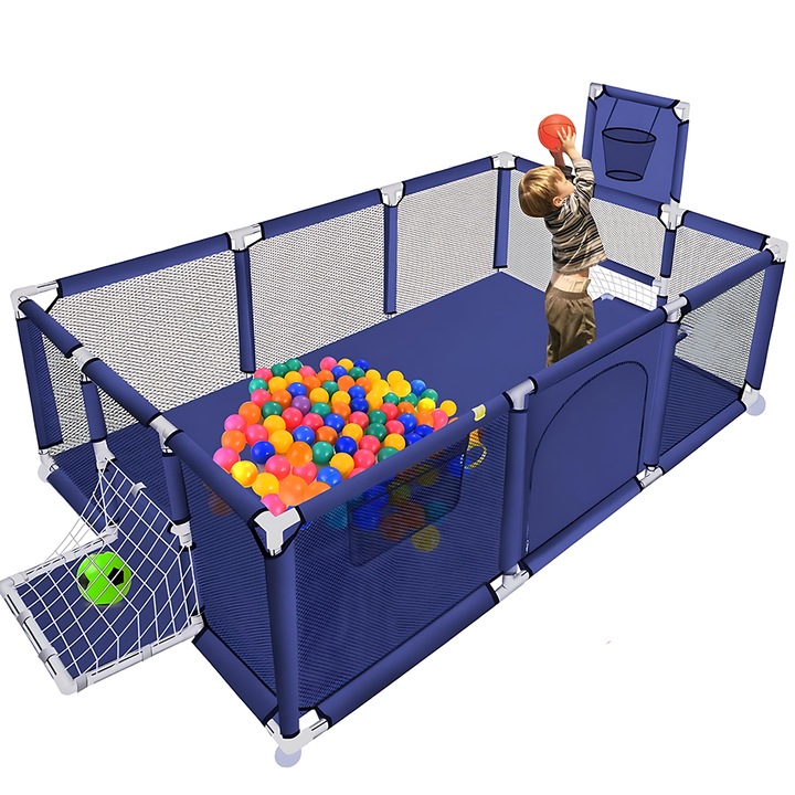 Loc de Joaca Copii Teno®, tarc cu spatiu de joaca cu cos de baschet si plasa de fotbal, exterior/interior, multifunctional, 182 x 122 x 64 cm, albastru