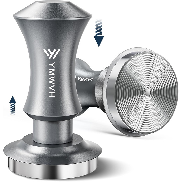 Tamper Espresso Argintiu de 51 mm, cu Baza Ondulata din Otel Inoxidabil cu Arc Dublu, Capacitate Constanta 13, 6 kg