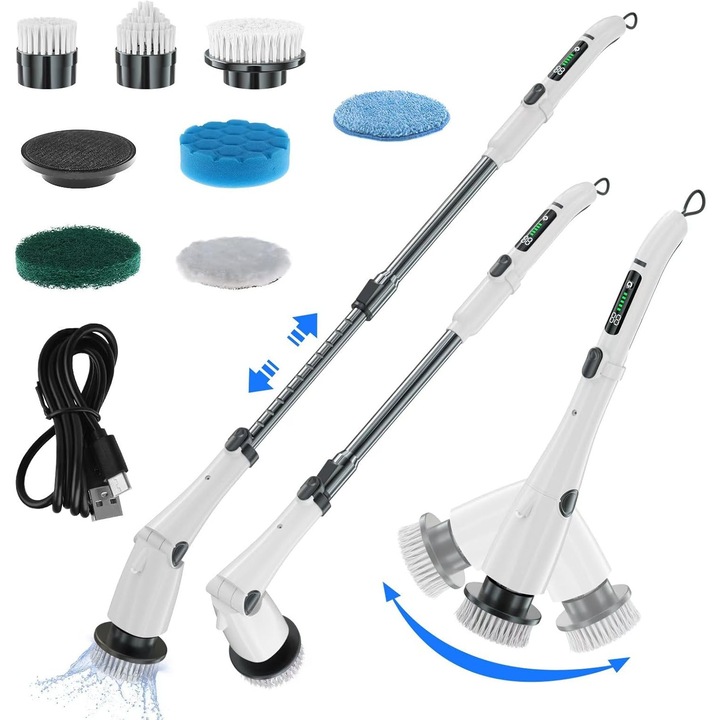Scrubber electric rotativ, periuie de curatare a baii impermeabila IPX7, scrubber de dus fara fir cu 7 capete de inlocuire si manera de extensie reglabila, articole de curatare a baii, curatare a bucatariei