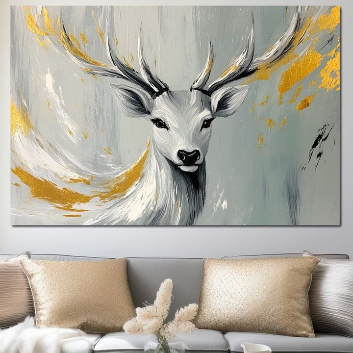 Tablou Canvas Premium, LuxCanva® M1249, Sufletul Alb al Padurii, 70 X 100 CM, Panza Bumbac 100% 400g/m2, Sasiu Lemn, Cerb, Auriu, Pictura, Alb, Eteric, Artistic, Oniric, Elegant, Nobil, Portret, Coarne, Birou, Living, Camera Copil