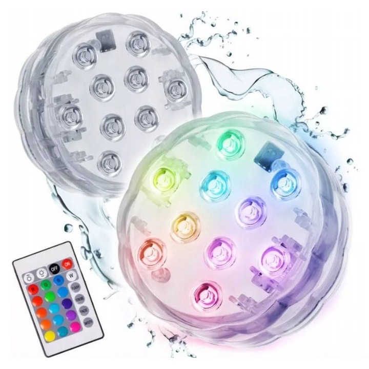 Lampa LED RGB waterproof, CardSplitter, 10 LED-uri, telecomanda, multicolor, set 2 bucati, diametru 7cm, inaltime 3cm