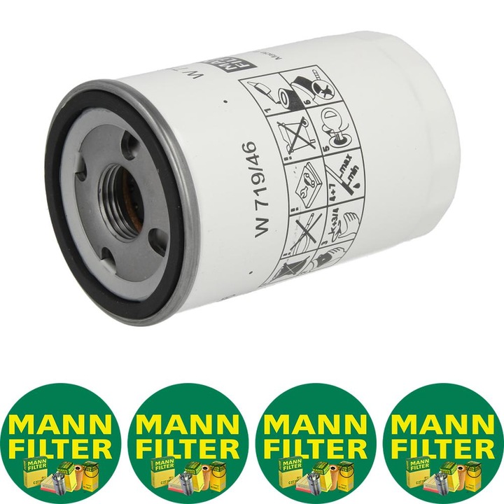 Filtru ulei Mann Filter W 719/46 pentru FENDT 2 D FARMER, 200 K FARMER, 200 S FARMER, 200 SA FARMER, 200 V FARMER, 200 VA FARMER, 201 S FARMER, 201 SA FARMER, 203 K FARMER, 203 P FARMER, 203 PA FARMER, 4 stickere Mann Filru