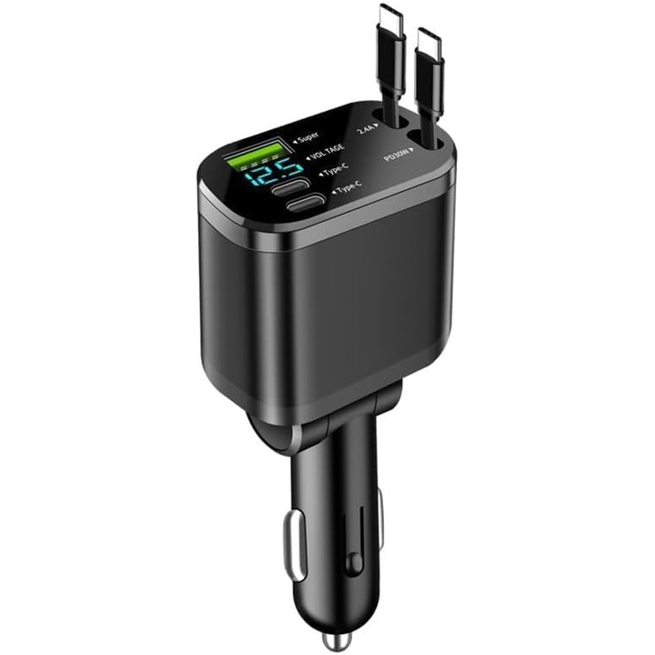 Autós töltő 5 az 1-ben, BOMSTOM, 69W, 2 visszahúzható kábel, USB-C, 70cm, fekete