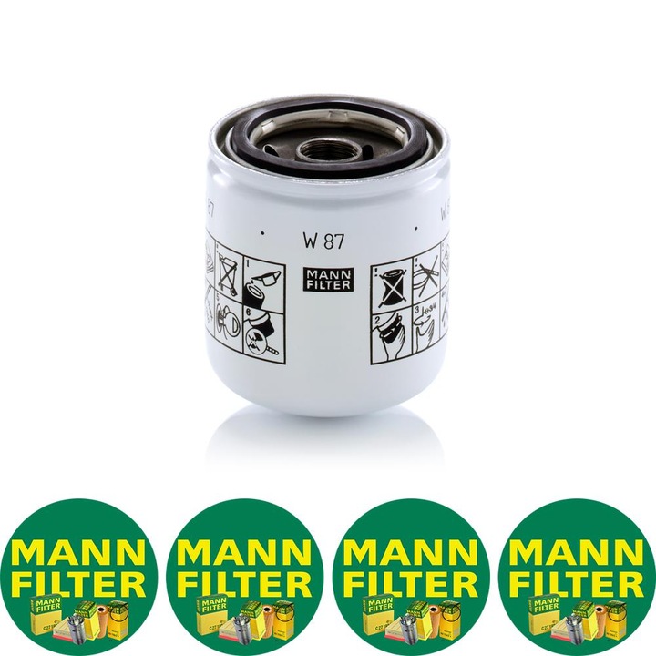 Filtru ulei Mann Filter W 87 pentru FENDT 3 FAVORIT, 3 S FARMER, 3 S FAVORIT, 3 SA FAVORIT, 4 S FARMER, 4 S FAVORIT, 4 SA FAVORIT, ZETOR UR I, AEBI TC07, TT 50, TP 47, AUSA 300 RHG, CE11, CE16, CH150, CVH20, 4 stickere Mann Filru
