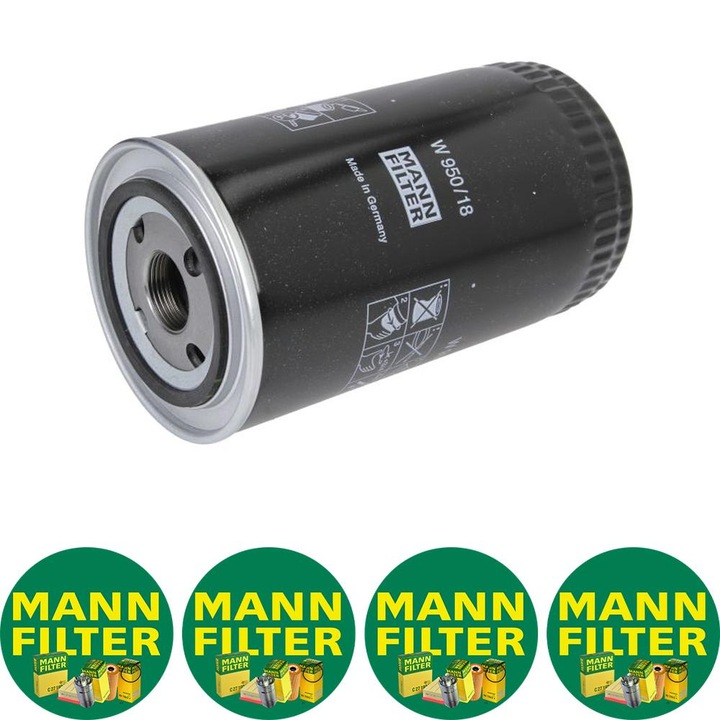 Filtru ulei Mann Filter W 950/18 pentru DAF 45, 55, F 1000, F 600, F 800, SB, KAMAZ 4308, 43255, CASE IH 5000 MAXXUM, MAXXUM 6BT5.9-NEF 12.86, 4 stickere Mann Filru