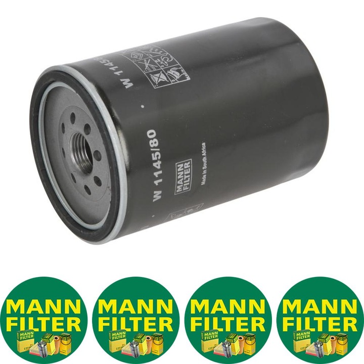 Filtru ulei Mann Filter W 1145/80 pentru utilaje constructie Case, Caterpillar, Furukawa, Jcb, Kobelco, Linkbelt, Massey Ferguson, Sakai, 4 stickere Mann Filru