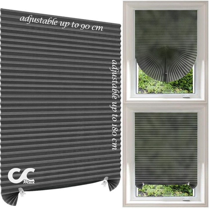 Jaluzea CCmax tip Evantai, PVC Textil Gri Inchis, Sistem Prindere Autoadeziv Inclus, Usor de Montat, 90 x 180 cm