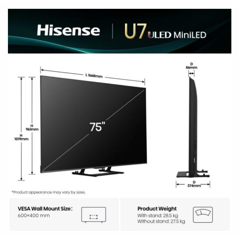 Televizor MiniLED ULED Hisense 190 cm 75" 75U7Q, Ultra HD 4K, art TV, WiFi, CI+