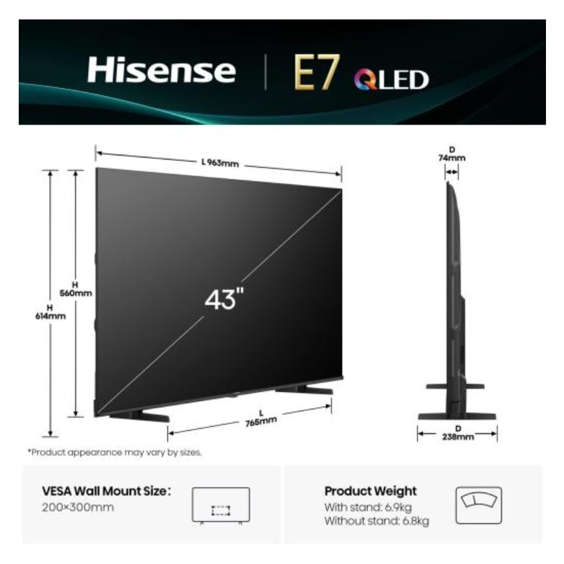 Televizor QLED Hisense 109 cm 43" 43E7Q, Ultra HD 4K, Smart TV, WiFi, CI+