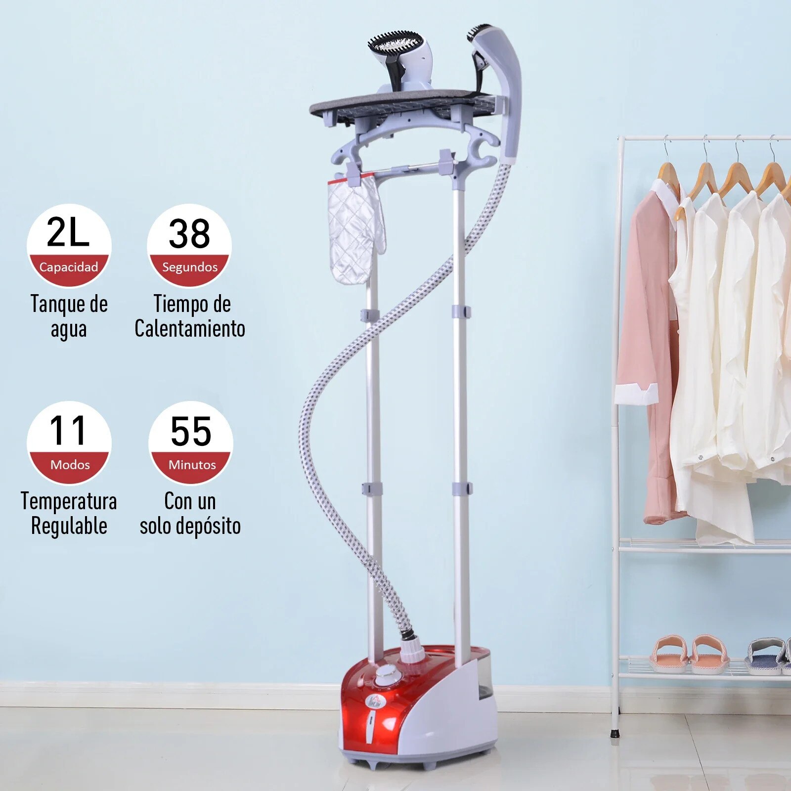 Perie cu abur pentru haine, 11 temperaturi, rezervor de 2 l, caldura 38 s, bara dubla, rosie