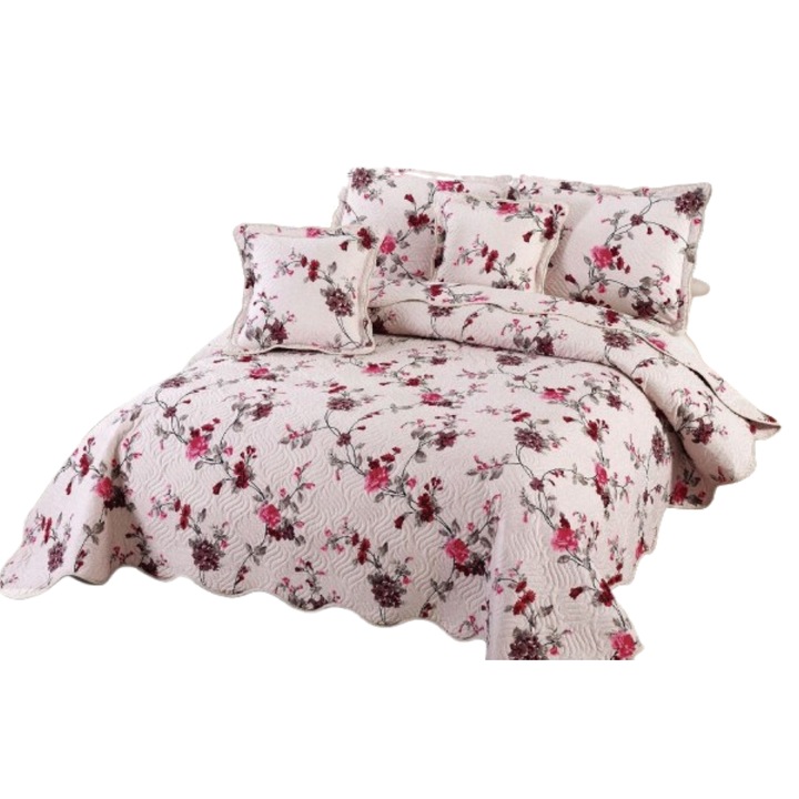 Cuvertura si 2 Fete de Perna, Bumbac, 5 piese, 2 persoane, Imprimeu Ramuri Trandafiri, 230x250cm, Multicolor