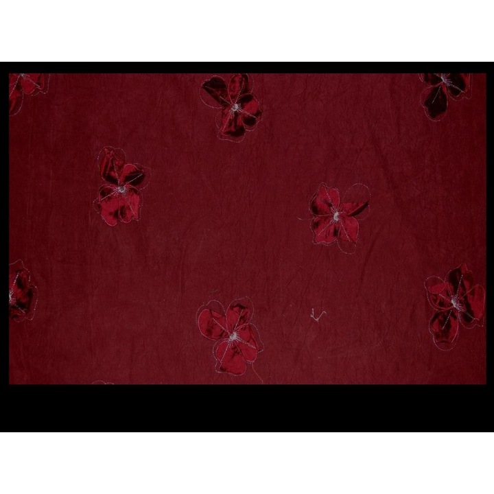 Spandex anyag, hímzett virágminta, bordó szín, 100% poliészter, méretek 50cm x 135cm