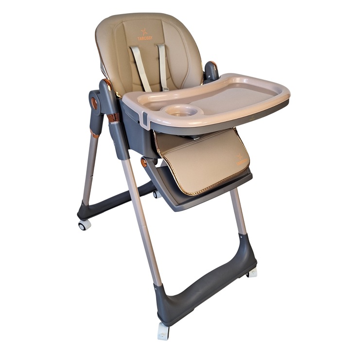 Scaun de Masa 3in1 pentru Bebelusi si Copii Tarossy®, Varsta 6-36 luni, Inaltime Ajustabila, Centura de Siguranta in 5 Puncte, Tavita Reglabila si Detasabila, Roti, Crem