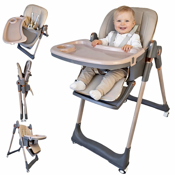 Scaun de Masa 3in1 pentru Bebelusi si Copii Tarossy®, Varsta 6-36 luni, Inaltime Ajustabila, Centura de Siguranta in 5 Puncte, Tavita Reglabila si Detasabila, Roti, Crem
