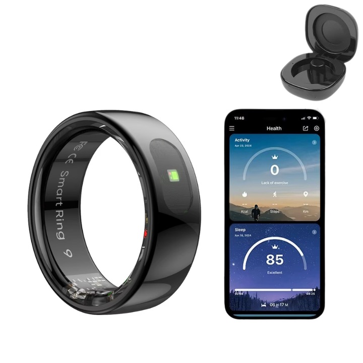 Inel Inteligent cu touchscreen, Smart Ring Nano Ceramic 60 mm, Ritm Cardiac, Nivel Oxigen, Baterie 7 zile, Rezistent la apa(IPX8), Cutie speciala pentru incarcare, Compatibil cu Android si iOS, Negru