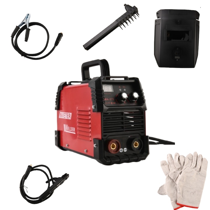 Заваръчна машина MMA-275 Kibra, 220V, електрическа дъга, 275A, включва маска, ръкавици, електроди, кабели и колан, червена