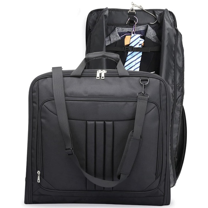 Geanta de bagaje pliabila premium, pentru calatorii si afaceri, capacitate mare, curea de umar, compartiment pentru pantofi si laptop, neagra, 55 x 56 cm