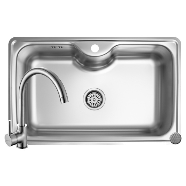 Set chiuveta inox Pyramis INSET si baterie BELLO, dimensiune 80x50m, 1 cuva mare, adancime 20cm, montare pe blat, pipa inalta rotativa, finisaj antizgariere